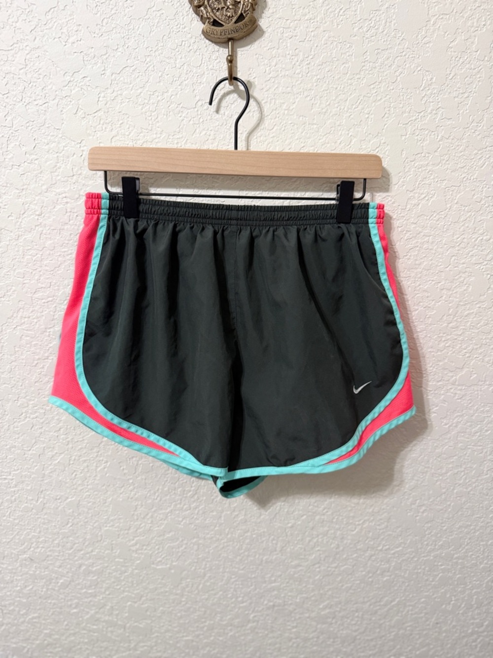 Nike Women's Black Running Shorts with Pink Panels and Aqua Trim